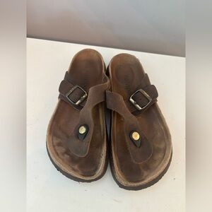 Ronsports Thong Leather Sandals, size 37 (6-6.5 US) Black/Brown. Cork bottom.